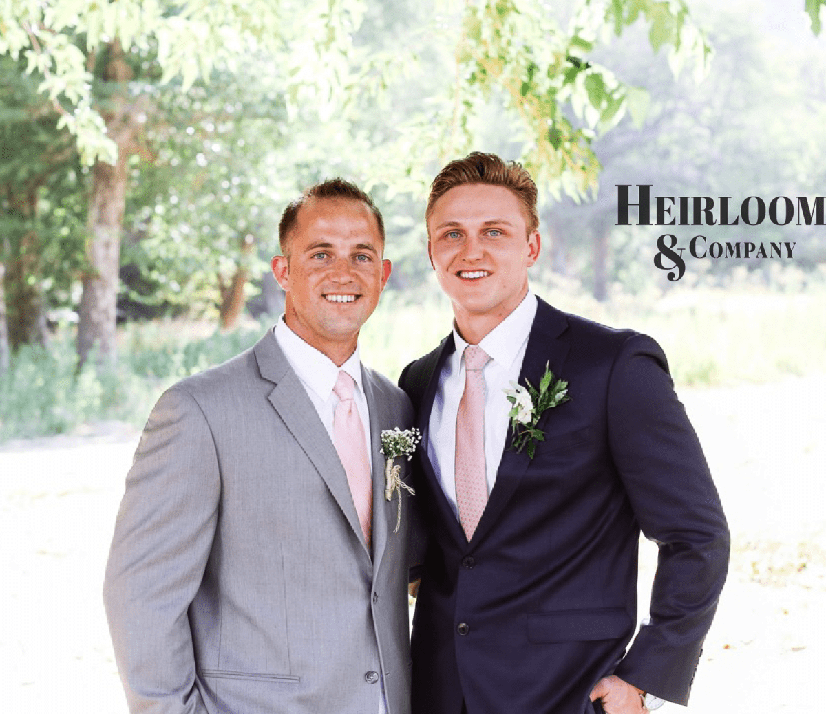 woodsy groom and groomsmen attire with blush grey and navy wedding palette